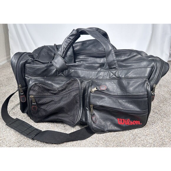 Vintage Wilson Black Leather Sports Duffle Bag w Shoulder Strap 70s 80s EUC - Picture 1 of 12